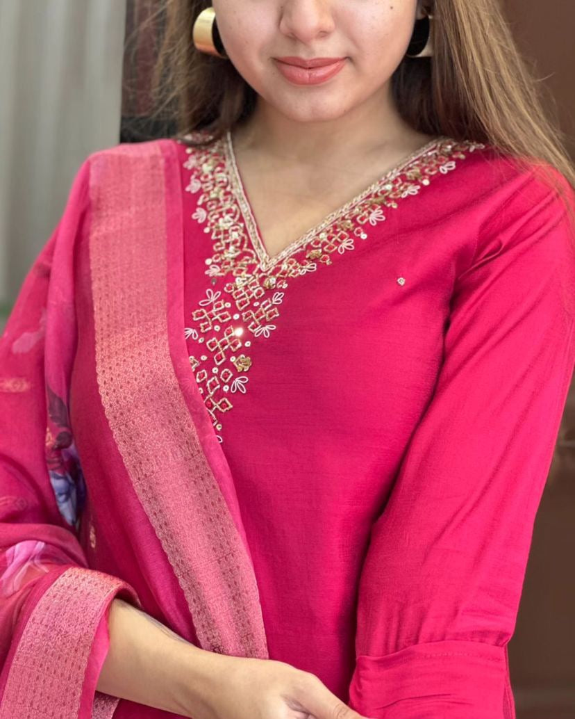 Women's Embroidered V-Neck Kurta with Dupatta, Pink, Traditional Indian Ethnic Wear