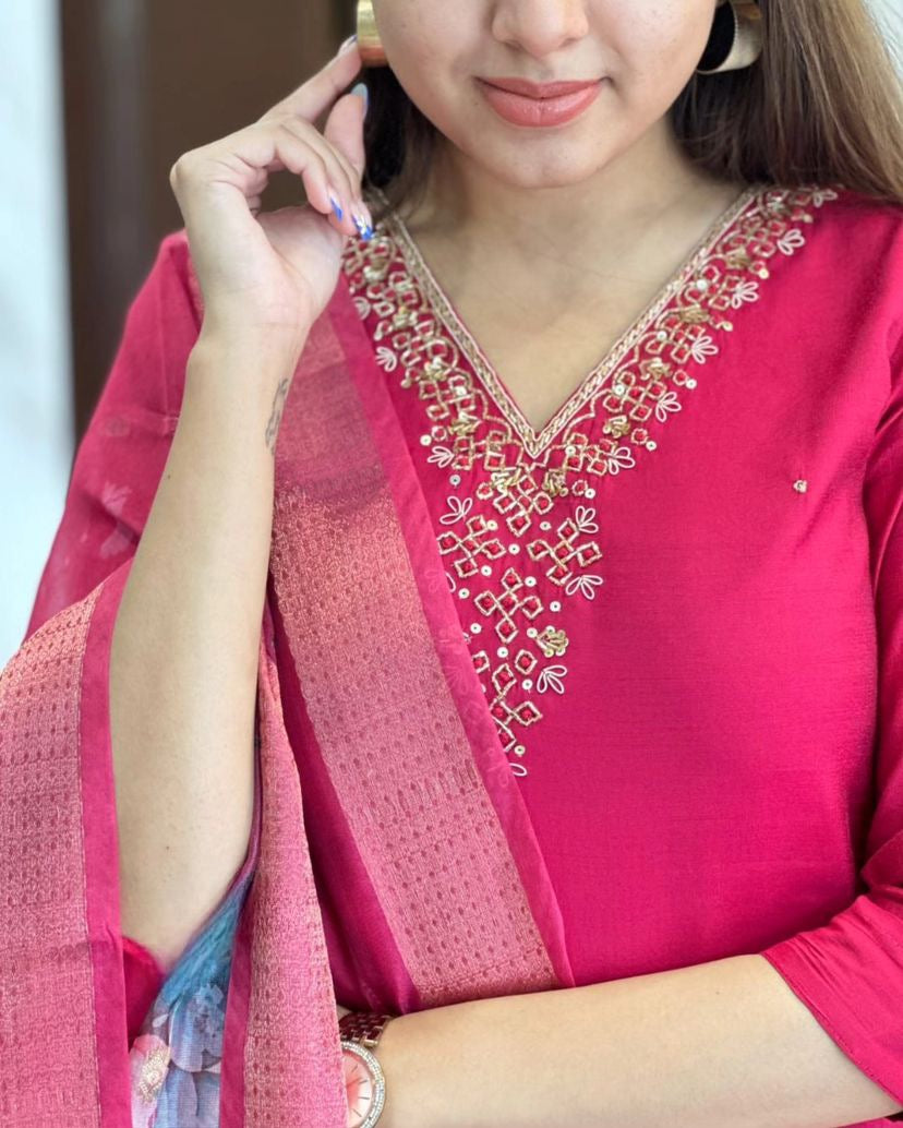 Women's Embroidered V-Neck Kurta with Dupatta, Pink, Traditional Indian Ethnic Wear