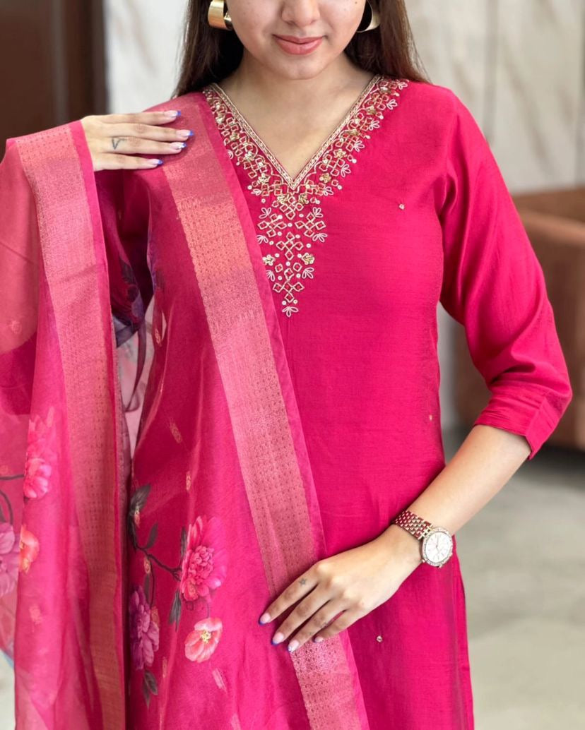 Women's Embroidered V-Neck Kurta with Dupatta, Pink, Traditional Indian Ethnic Wear