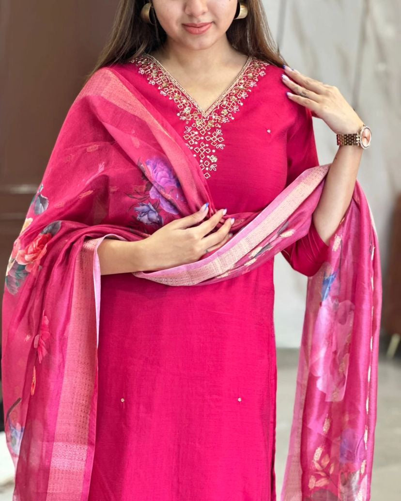 Women's Embroidered V-Neck Kurta with Dupatta, Pink, Traditional Indian Ethnic Wear