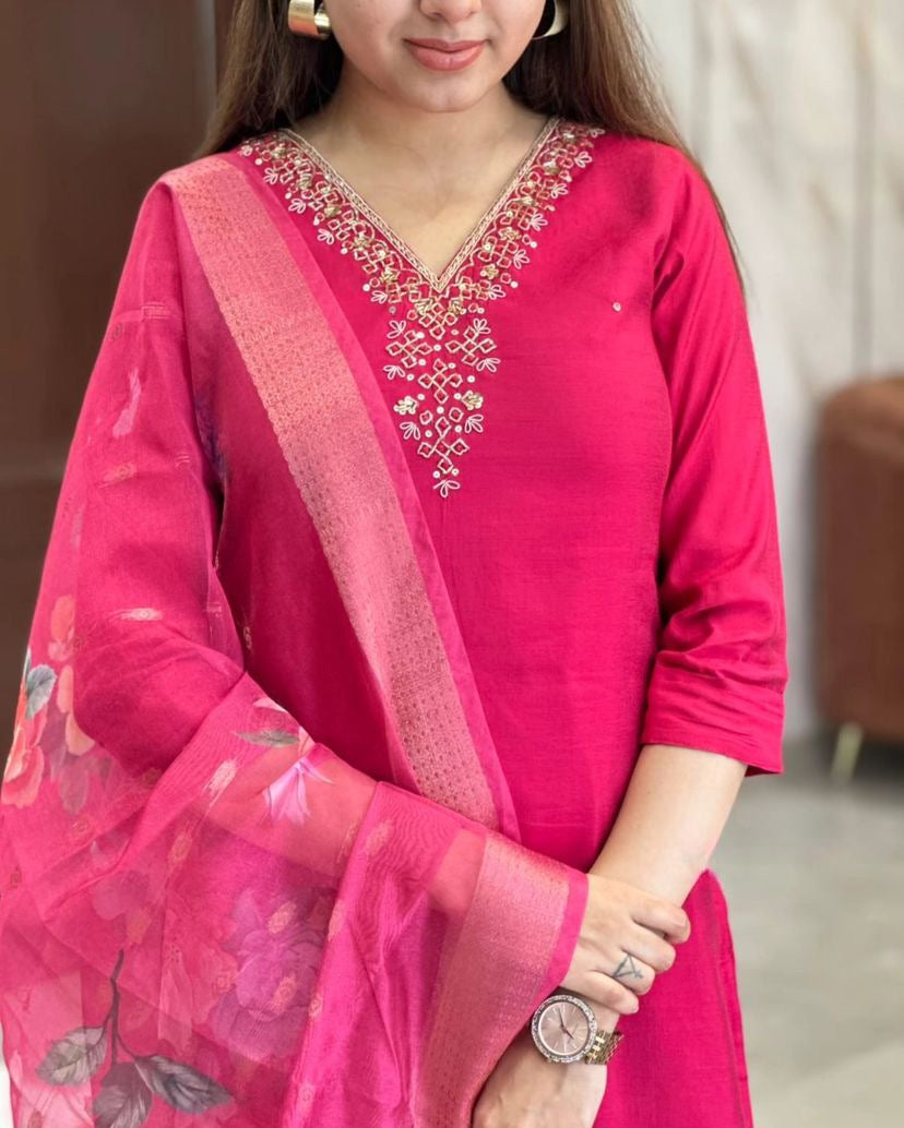Women's Embroidered V-Neck Kurta with Dupatta, Pink, Traditional Indian Ethnic Wear