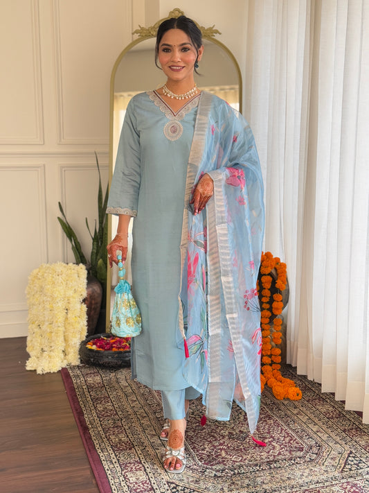 Roman Silk Embroidered Straight Kurta with pant and dupatta set