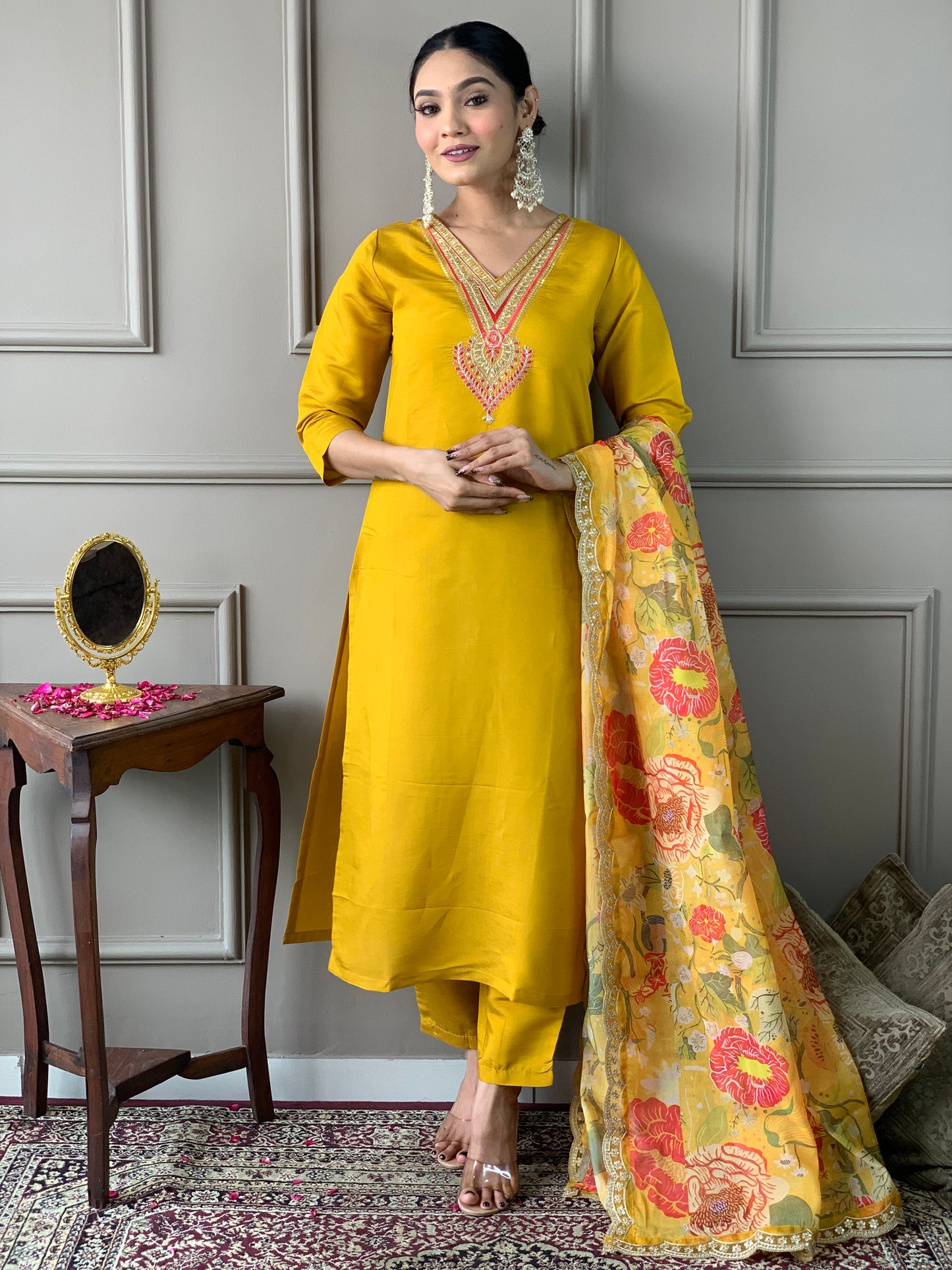 Mustard Chanderi Embroidered Straight Kurta with pant and dupatta set