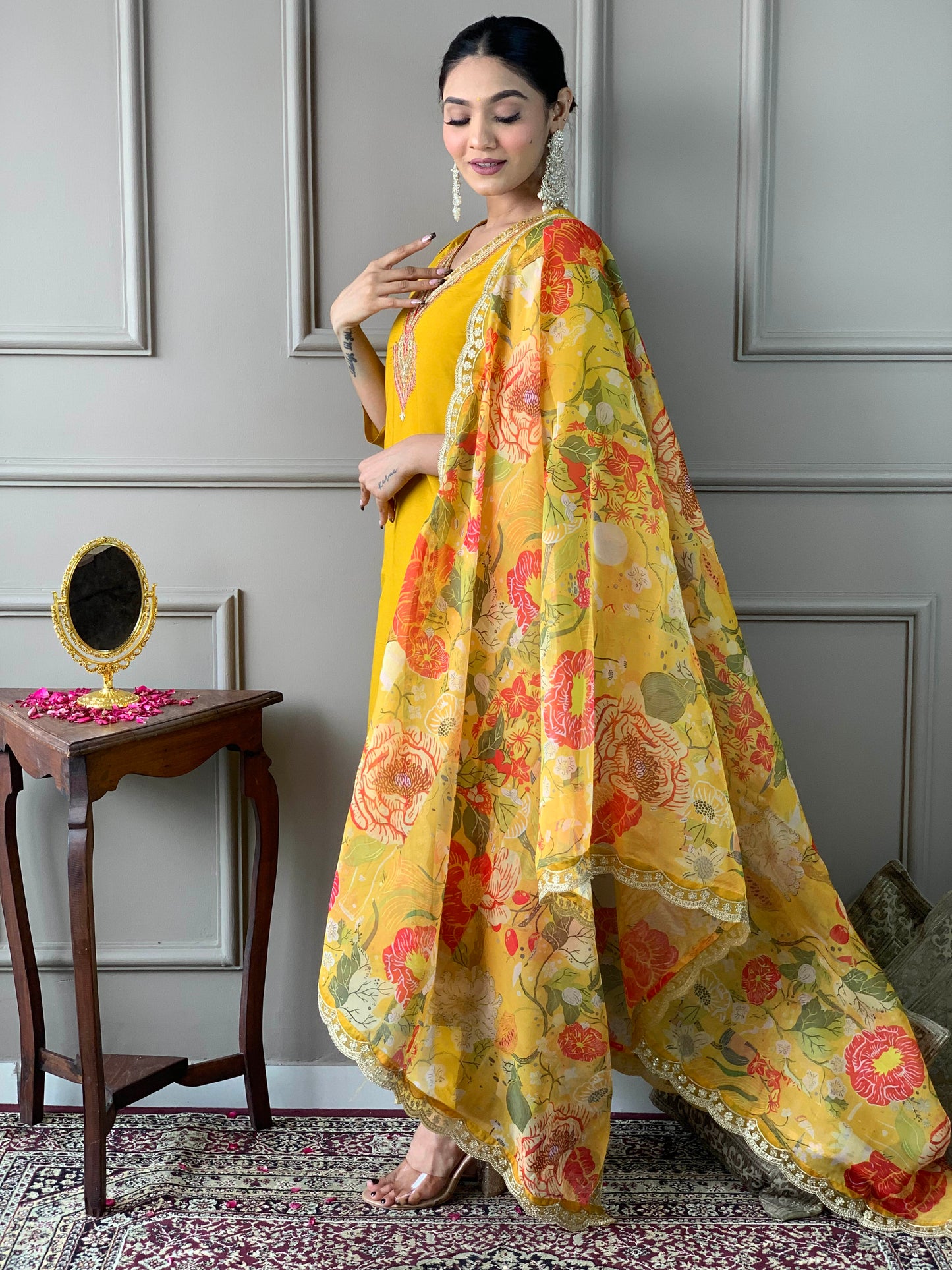 Mustard Chanderi Embroidered Straight Kurta with pant and dupatta set