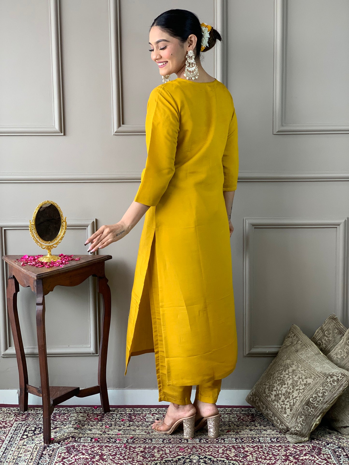 Mustard Chanderi Embroidered Straight Kurta with pant and dupatta set