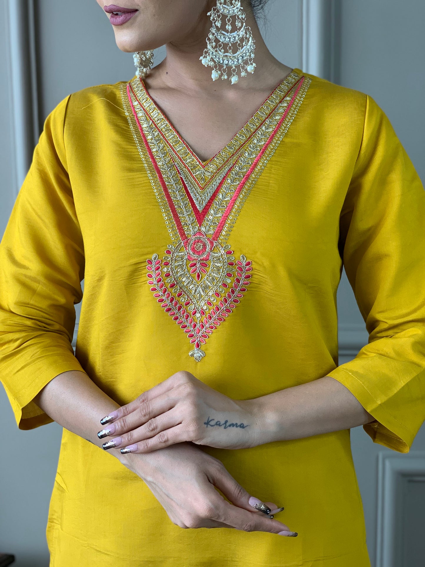 Mustard Chanderi Embroidered Straight Kurta with pant and dupatta set