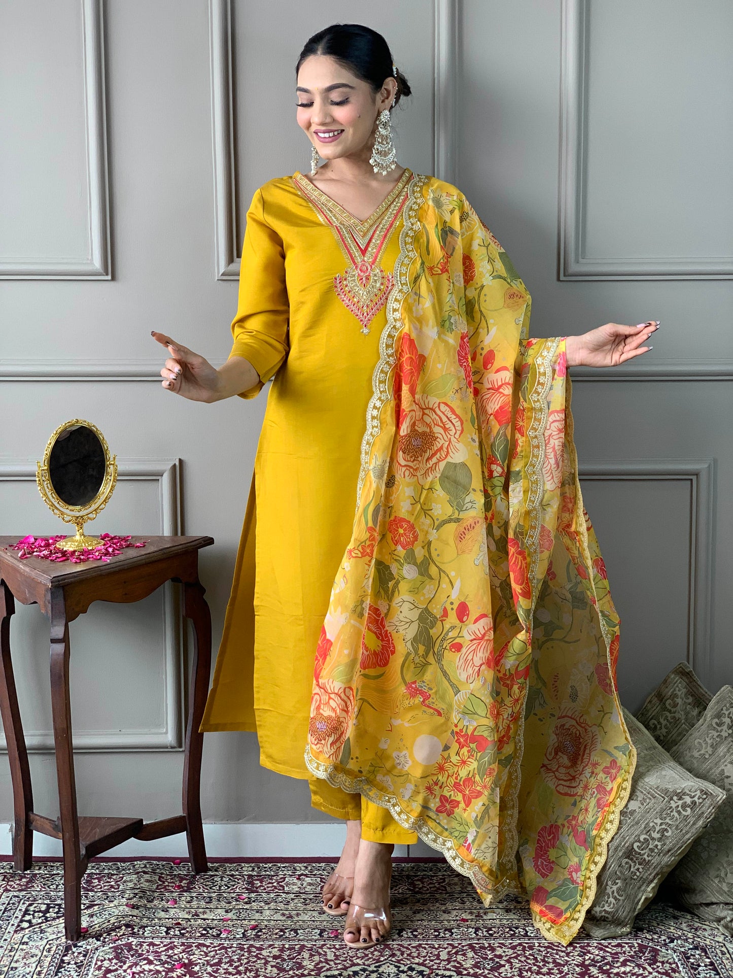 Mustard Chanderi Embroidered Straight Kurta with pant and dupatta set