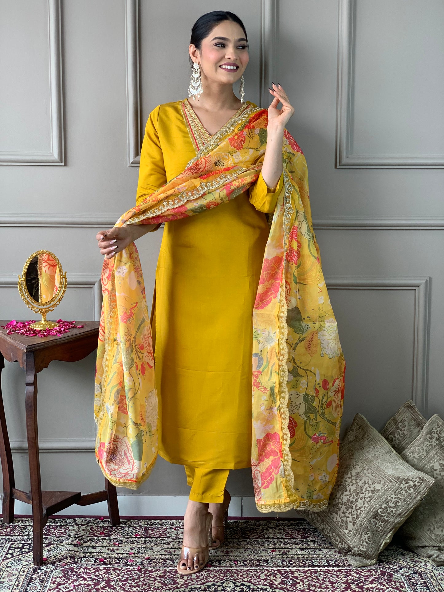 Mustard Chanderi Embroidered Straight Kurta with pant and dupatta set