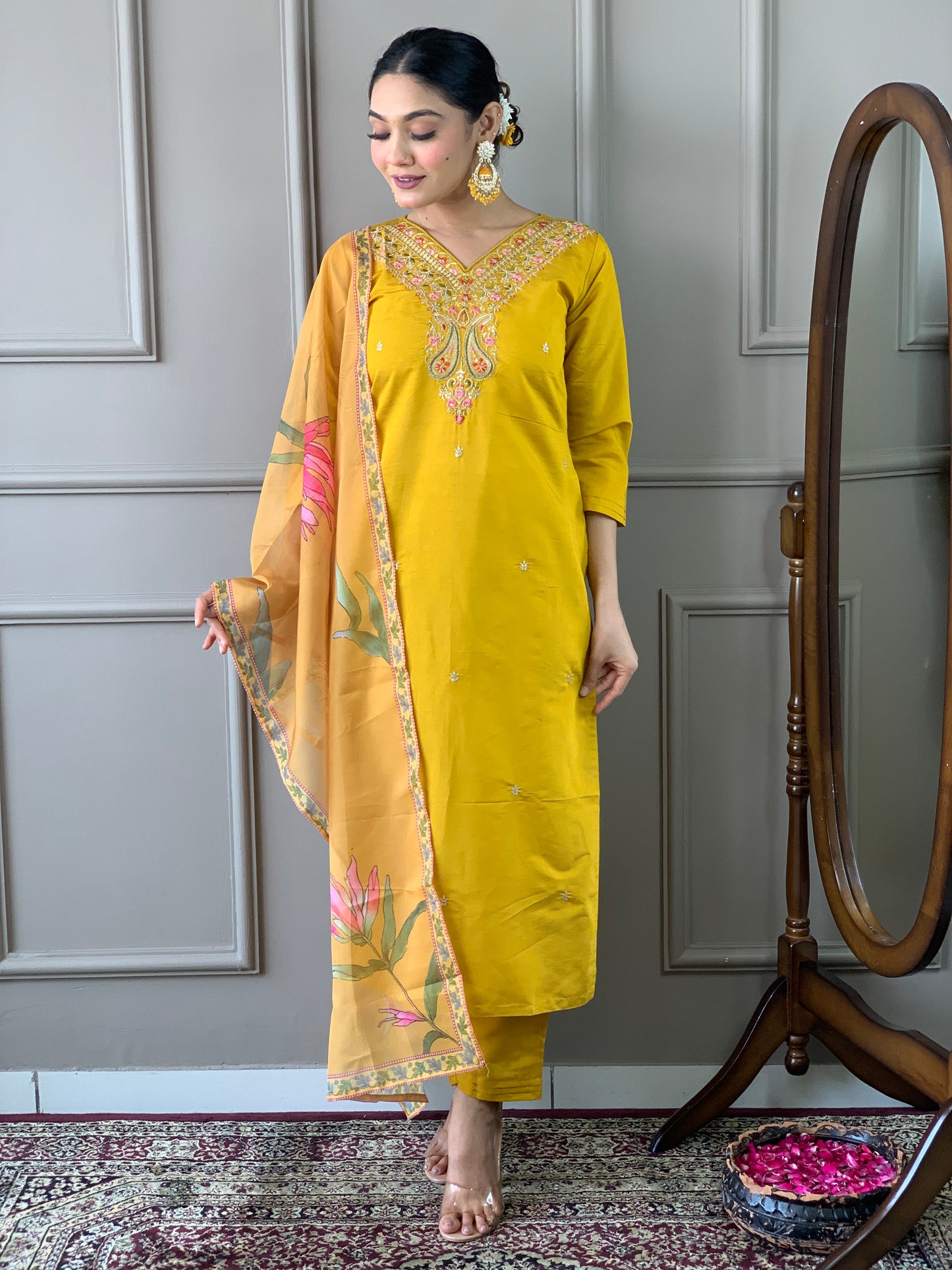 Attractive Yellow Kurti With Pant And Dupatta Set