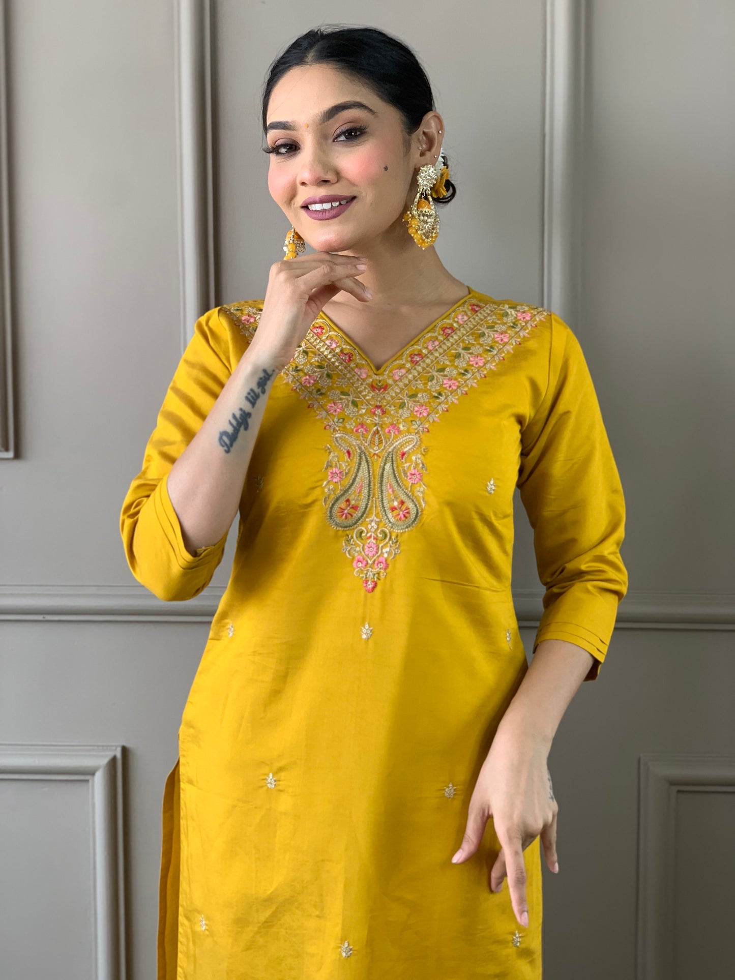 Attractive Yellow Kurti With Pant And Dupatta Set