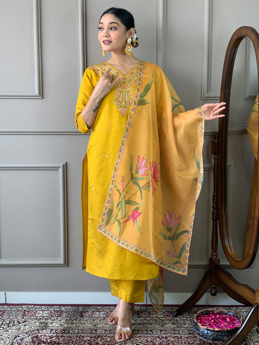 Attractive Yellow Kurti With Pant And Dupatta Set