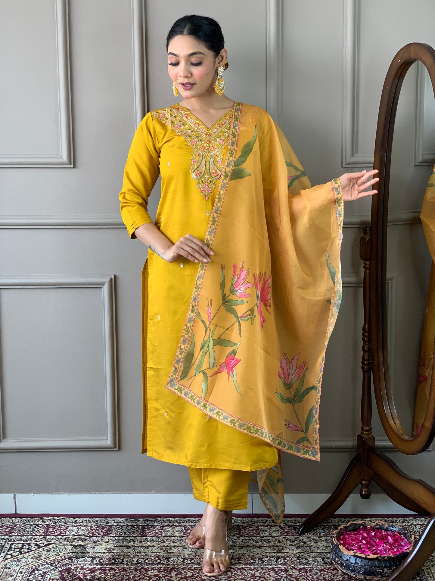 Attractive Yellow Kurti With Pant And Dupatta Set