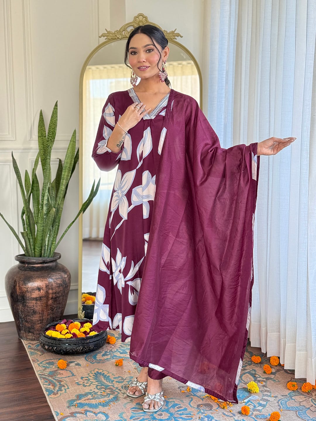 Dashing Maroon Kurti With Pant And Dupatta Set