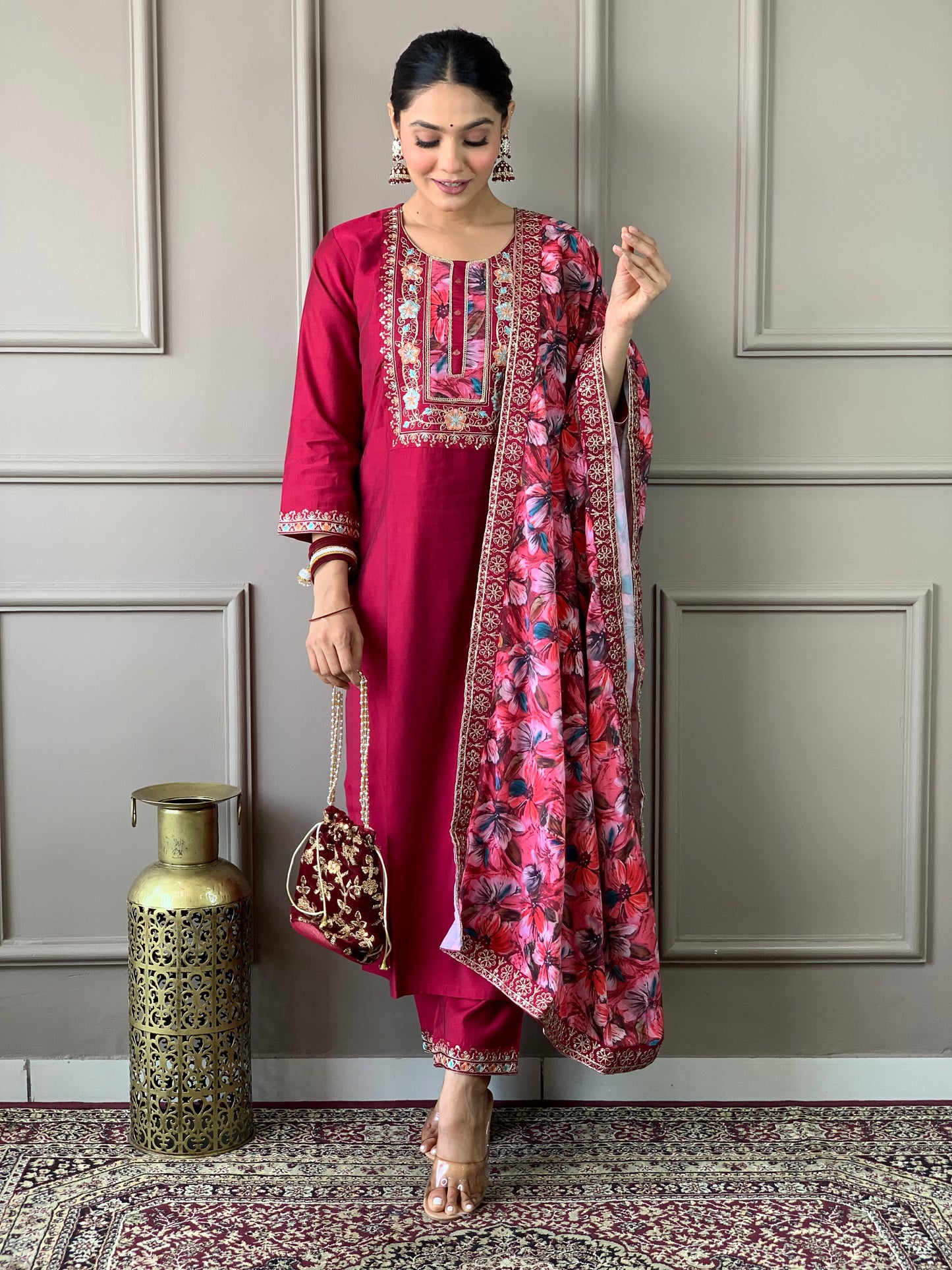 Elegant Black And Pink Kurti With Pant And Dupatta Set