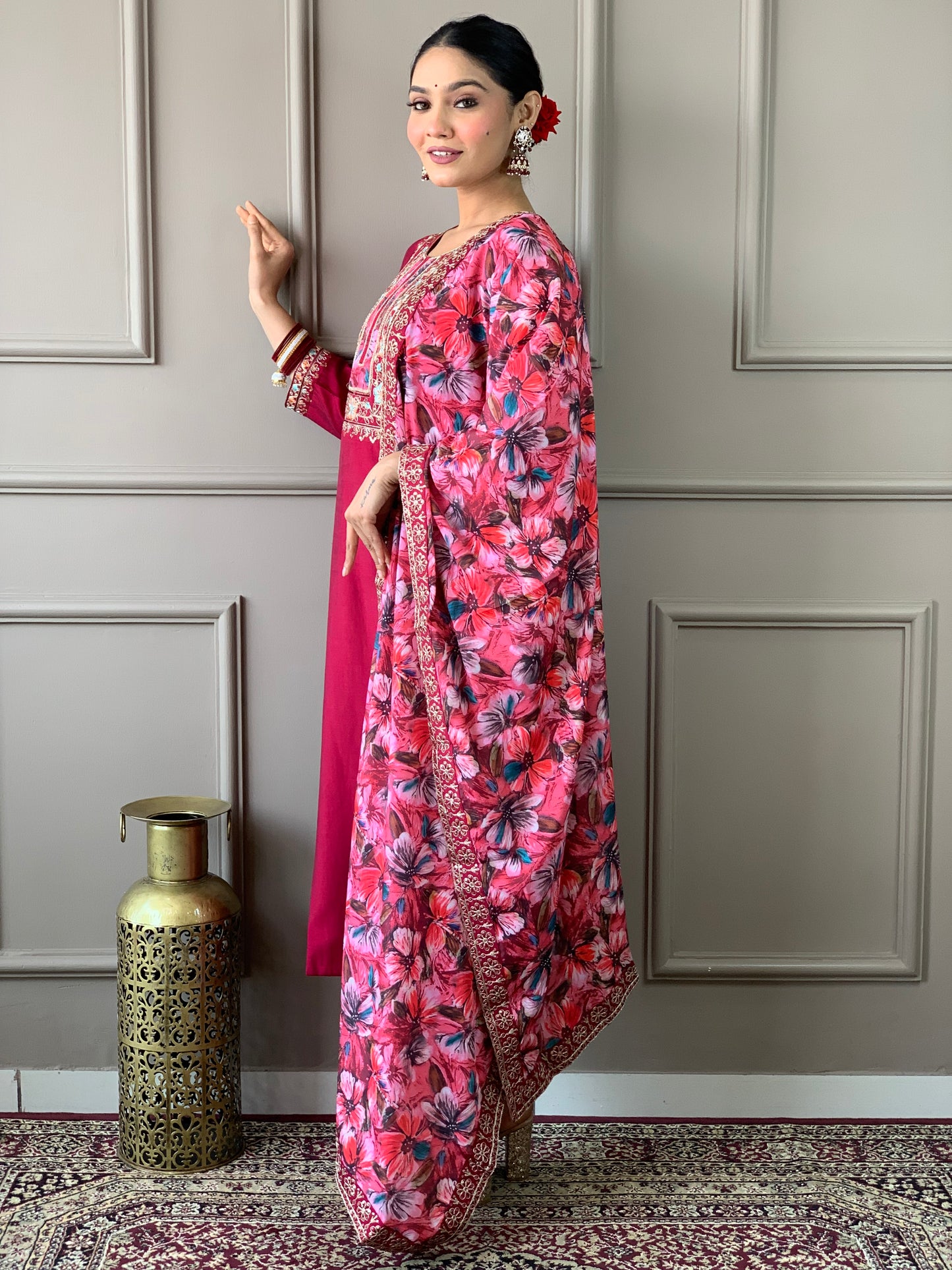 Elegant Black And Pink Kurti With Pant And Dupatta Set